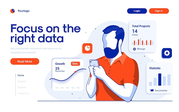 Landing page template of Focus on the right data in flat design style