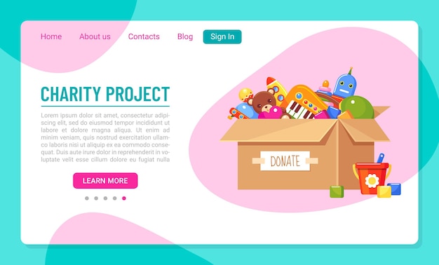ベクトル 子供のおもちゃでいっぱいの寄付紙箱を備えたチャリティープロジェクトのランディングページテンプレート