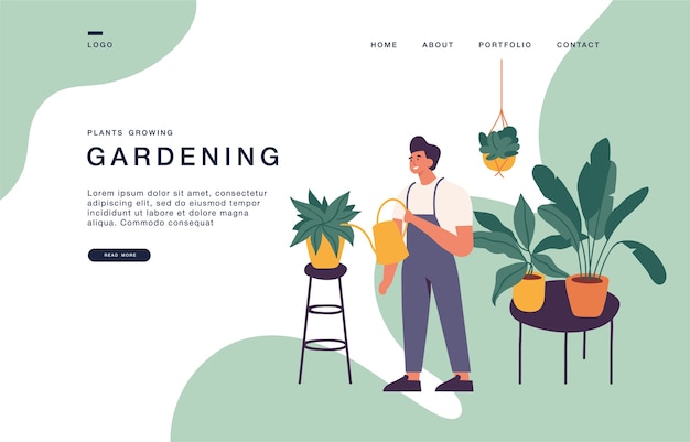 プランターで育つ観葉植物の世話をする男性がいるウェブサイトのランディングページテンプレート。ガーデニングコンセプトイラストバナー