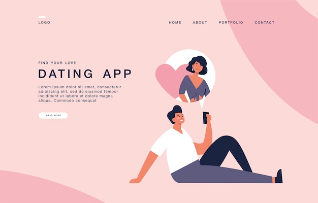 若い男性がモバイルデバイスを持ってガールフレンドとチャットしているウェブサイトのランディングページテンプレート。デートアプリケーションコンセプトバナー。