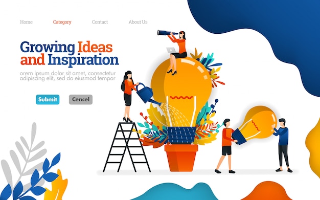 Vector landing page template. growing ideas and inspiration for business. teamwork vector illustration concept