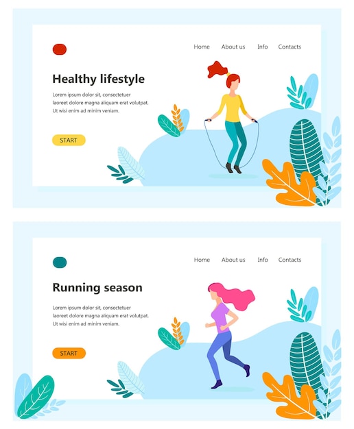 Landing page template of healthy lifestyle, womens fitness, jogging, running girl characters in the park, city marathon. modern flat design concept of web page design for website and mobile website