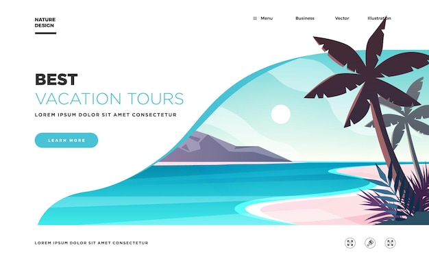 Vector landing page template. modern landscape background with palms on the beach. best vacation tours commercial