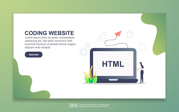 コーディングwebサイトのランディングページテンプレート。 webサイトおよびモバイルwebサイトのwebページデザインのモダンなフラットデザインコンセプト。