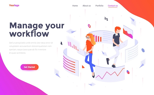 ベクトル 等長スタイルでワークフローを管理するためのランディングページテンプレート