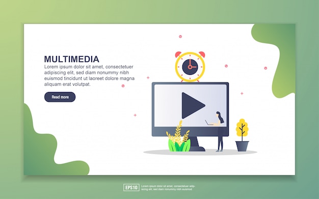 マルチメディアのランディングページテンプレート。 webサイトおよびモバイルwebサイトのwebページデザインのモダンなフラットデザインコンセプト。