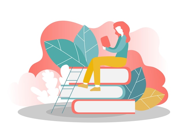 ベクトル オンライン教育のランディングページテンプレート-本を読んでいる女の子。ウェブサイトとモバイルウェブサイトのウェブページデザインのモダンなフラットデザインコンセプト。ベクトルイラスト