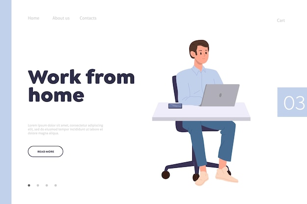 Vector landing page template offering virtual business platform or cyberspace for work from home remote freelance job distant communication with colleague and videoconferencing man worker using laptop