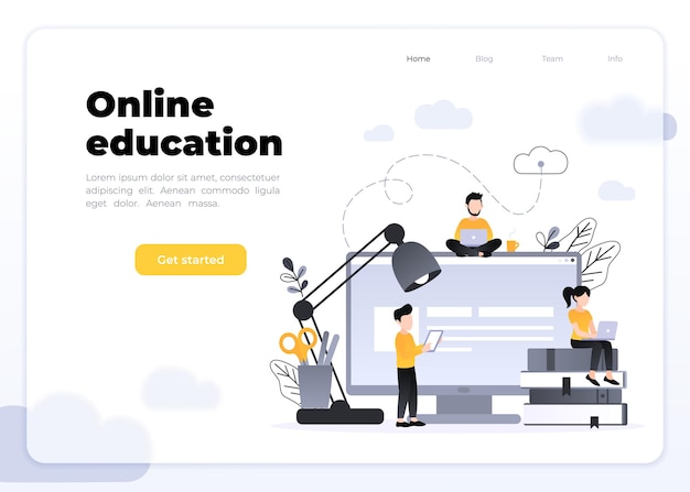 Landing page template of Online education program. Modern flat design concept of web page. Vector illustration with pile of books and small multiracial people. Glassmorphism landing page concept.