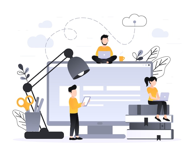 landing page template of online education program. modern flat design concept of web page. vector illustration with pile of books and small multiracial people.