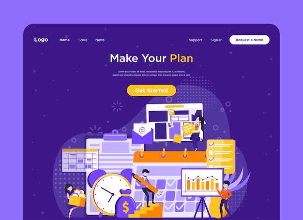 Vector landing page template of people planning concept entrepreneurship and calendar schedule planning