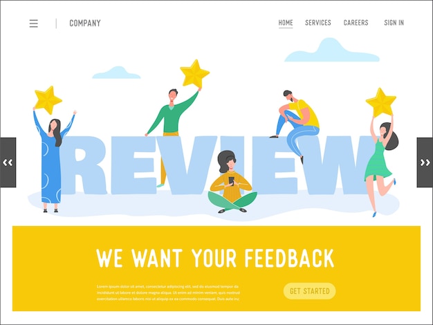 ベクトル ランディングページテンプレートレビューの概念図。金の星で良いフィードバックを書いている女性と男性のキャラクター。 webサイトまたはwebページの顧客評価サービス。 5つ星の肯定的な意見。