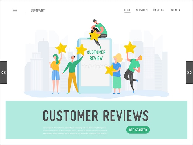 Vector landing page template review concept illustration. woman and man characters writing good feedback with gold stars. customer rate services for website or web page. five stars positive opinion.