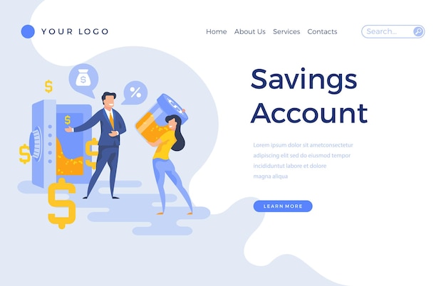 Vector landing page template savings account concept with people characters