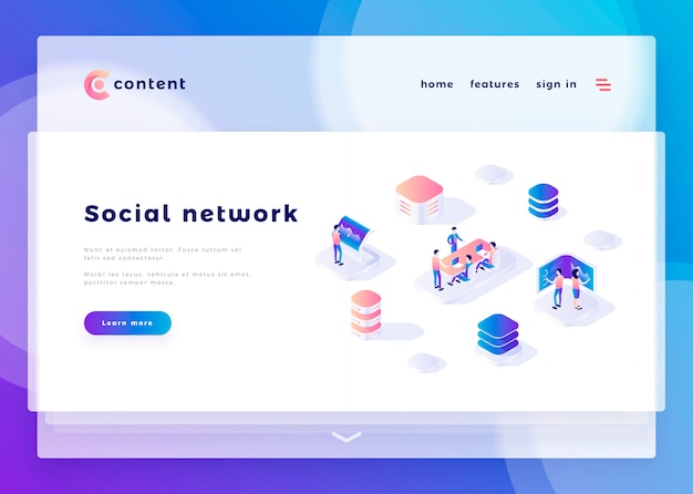 Landing page template for Social network office people and interact with computers vector illustration