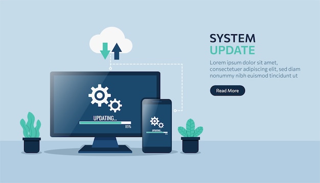 컴퓨터 및 스마트 폰 장치에서 시스템 업데이트의 방문 페이지 템플릿입니다.