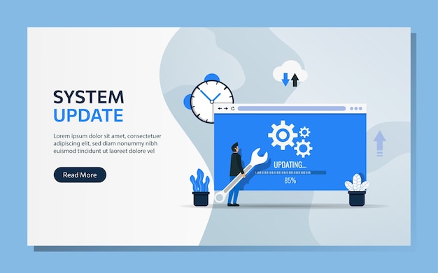 Landing page template of system update concept. man character uses wrench to upgrade software .