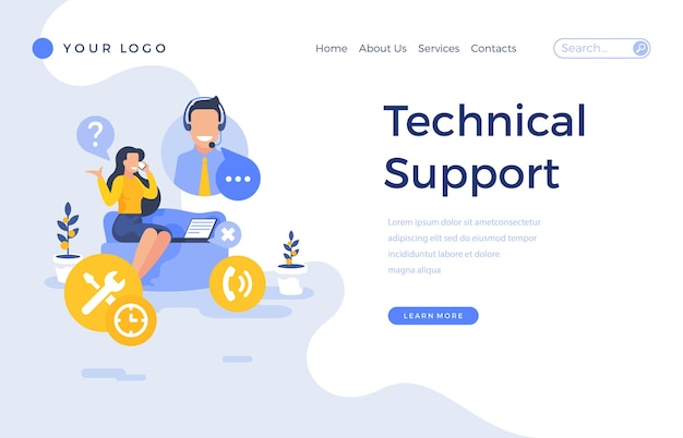 Vector landing page template technical support concept with office people characters modern flat design web page for website and mobile apps vector illustration