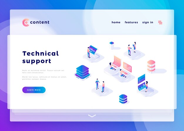 Landing page template for technical support office people and interact with computers vector illustration