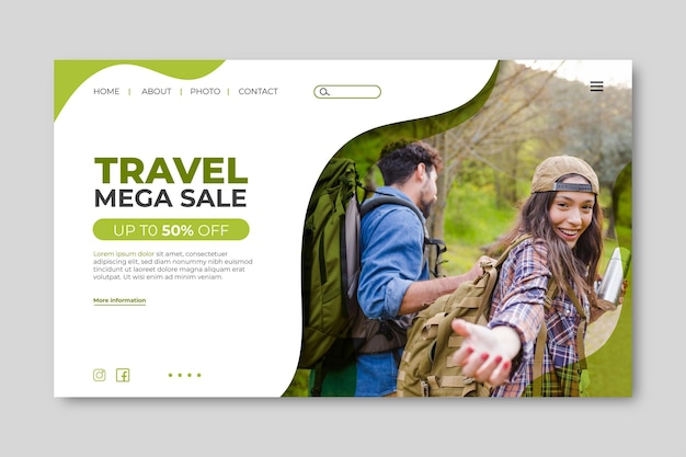 Vettore modello di pagina di destinazione per la vendita di viaggi con foto