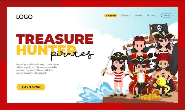 Landing page template of treasure hunter with pirates activities character illustration