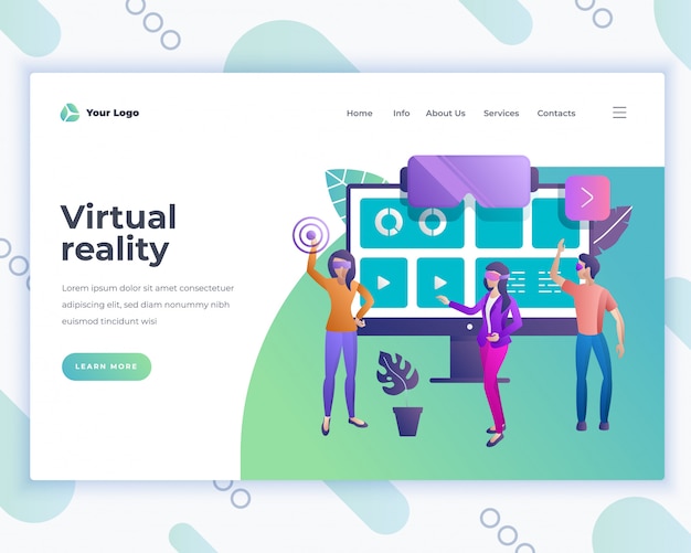 Landing page template virtual reality concept with office people