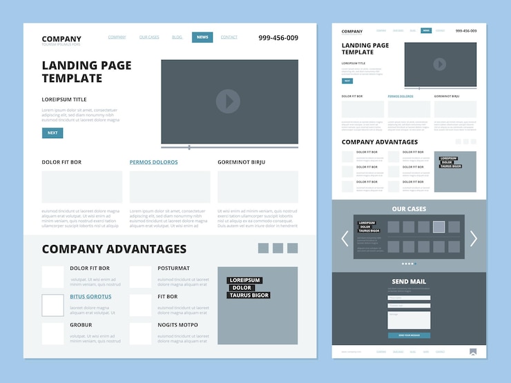 Vector landing page template website layout design elements footer header menu navigation wireframe for internet pages vector ui landing wireframe site and navigation page interface menu illustration