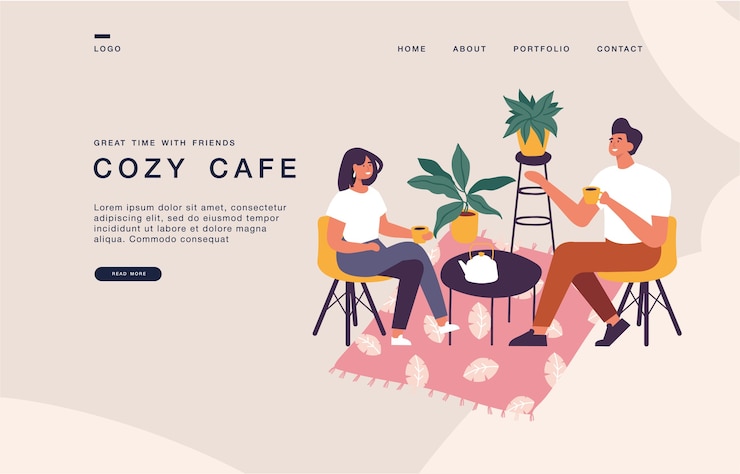 Vector landing page template for websites with couple sitting at the table, drinking tea or coffee and talking. coxy cafe concept illustration banner.