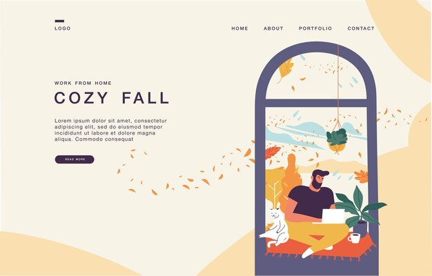 Vector landing page template for websites with young man sitting in the window