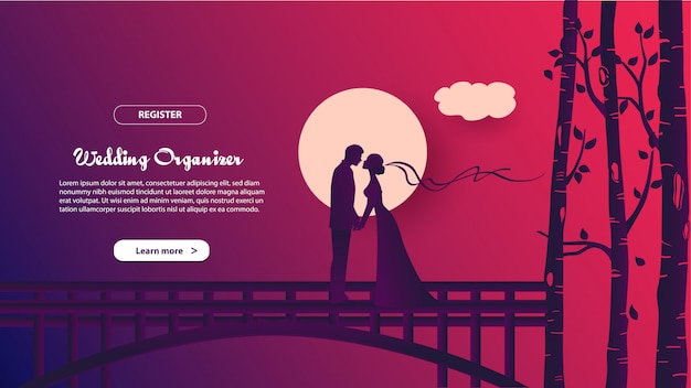 Landing page template of wedding organizer. modern flat design concept of web page design for website and mobile website.