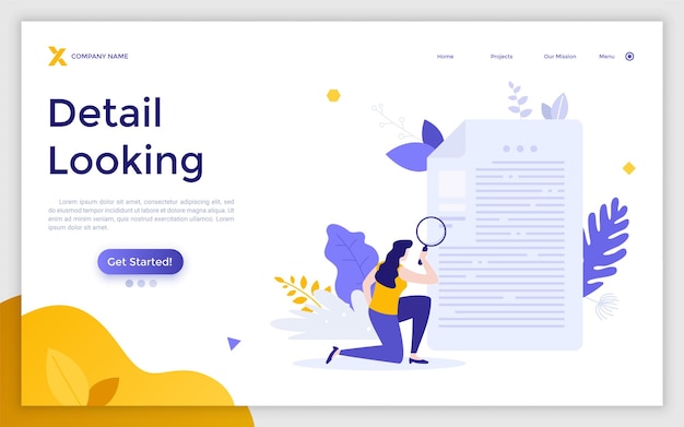 Vector landing page template with analyst examining document and looking at details using magnifying glass concept of business analysis audit professional check of documentation flat vector illustration