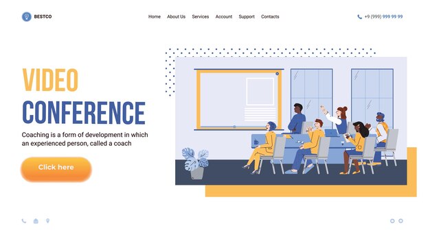 Vector landing page template with app for video conference business training seminar