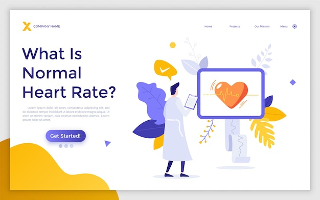 Vector landing page template with cardiologist or physician monitoring heart rate or heartbeat on display concept of cardiology cardiogram cardiovascular system research modern flat vector illustration