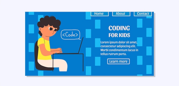 Vector landing page template with a child learning to code vector illustration website homepage