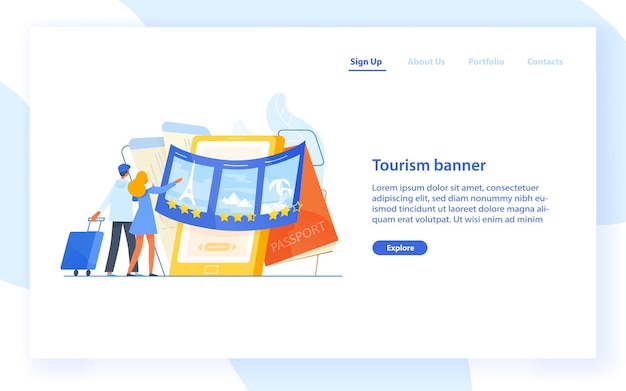 Vector landing page template with couple standing in front of giant smartphone and choosing trip or journey destination for their vacation. travel agency or touristic service. flat vector illustration.