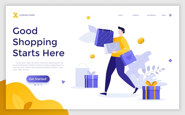 Modello di pagina di destinazione con il cliente che trasporta borse shopper scatole regalo monete in dollari concetto di shopping vendita al dettaglio merce consumismo black friday illustrazione vettoriale piatto per la pagina web