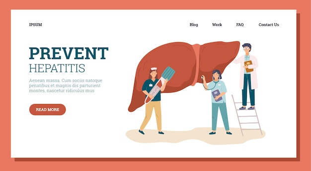 Landing page template with doctors and nurses examining liver flat vector illustration isolated on w