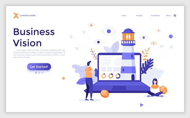 Landing page template with entrepreneur standing in front of laptop computer with lighthouse on screen concept of business vision or view strategic thinking flat vector illustration for website