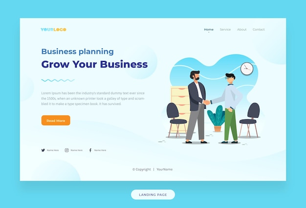 フラットなキャラクターのイラストを使用したランディングページテンプレート成長するビジネス