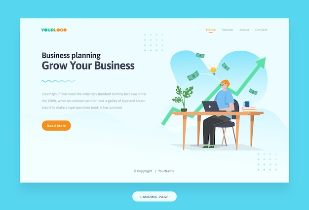 Landing page template with flat character, statistics illustration growing business used for web, app, infographic, advertising, etc