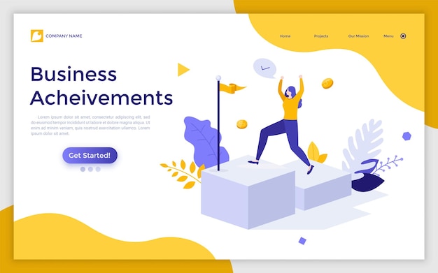 Landing page template with happy woman ascending stairs and celebrating financial success on top concept of business achievement successful entrepreneur modern flat vector illustration for website