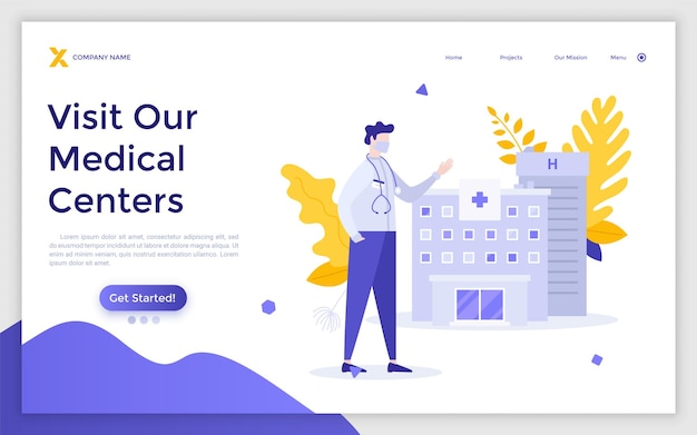 Landing page template with hospital building and physician or doctor wearing face mask concept of medical center healthcare institution for rehabilitation and treatment flat vector illustration