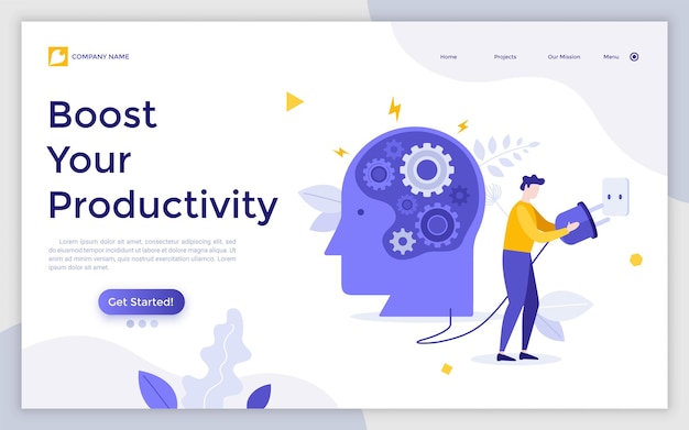 Landing page template with human head with mechanism inside and man putting power plug into socket Concept of productivity boost source of energy for brain charging Modern flat vector illustration