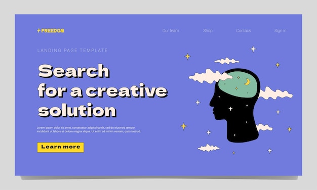 A landing page template with a human profile inside which is a bright starry space a metaphor for creativity the search for a nonstandard solution