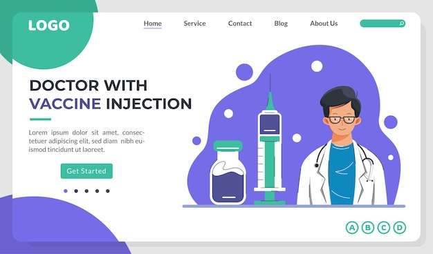 Landing page template with illustration of doctor with a vaccine injection