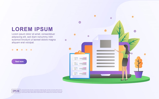 ベクトル 文書の完全性を確認するビジネスウーマンのイラストが表示されたランディングページテンプレート
