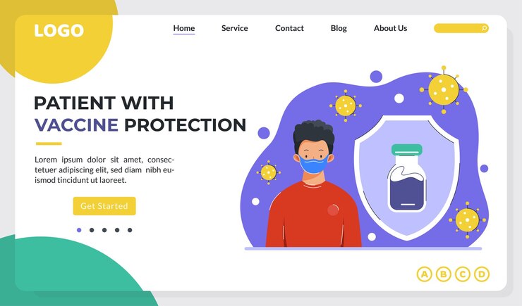 Vector 예방 접종을 받은 환자의 삽화가 있는 방문 페이지 템플릿