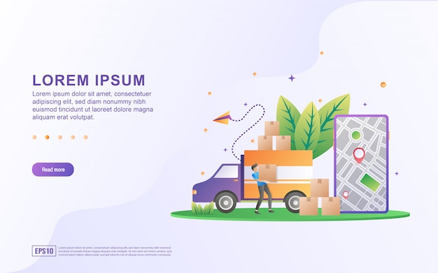 Landing page template with illustrations of shipping services throughout the city