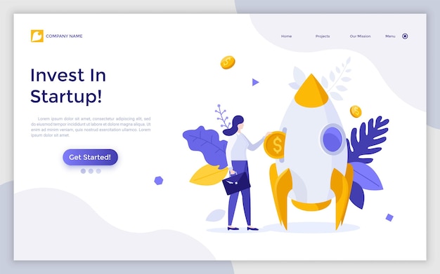 Landing page template with investor putting coin into slot in spacecraft money box concept of startup investment platform investing finance in business project flat vector illustration for website