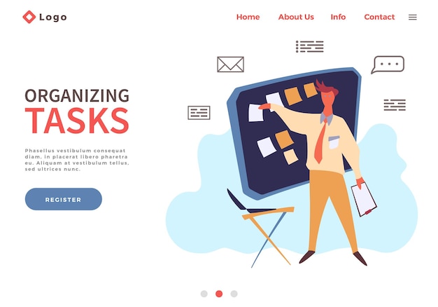 Landing page template with man make organizing tasks planning and time management concept